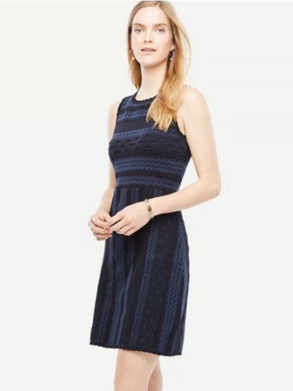 Ann Taylor Navy Blue Textured Stitch Bodycon Chevron‎ Knit Sleeveless Dress Sz S